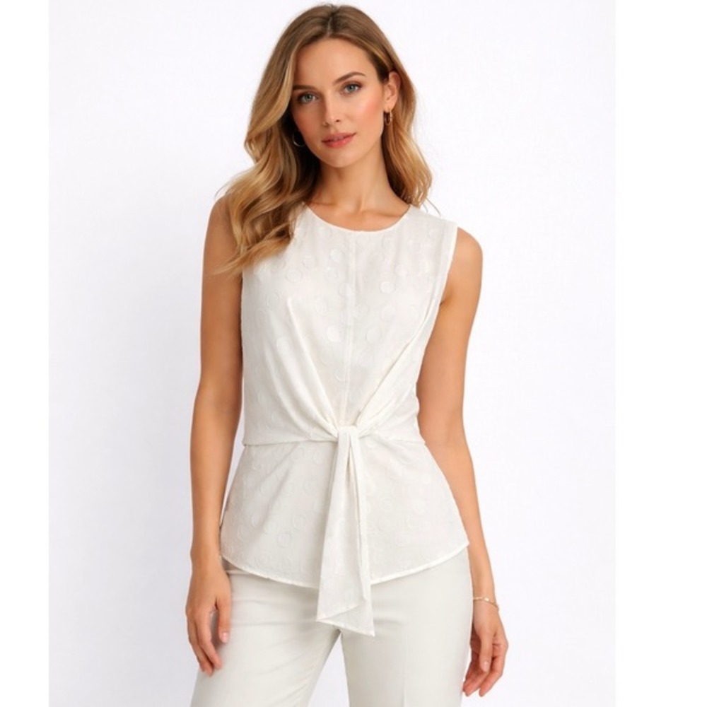 Ann Taylor Ivory Textured Circle Sleeveless Tie Front Blouse‎ Top 8 Preppy 83-19
